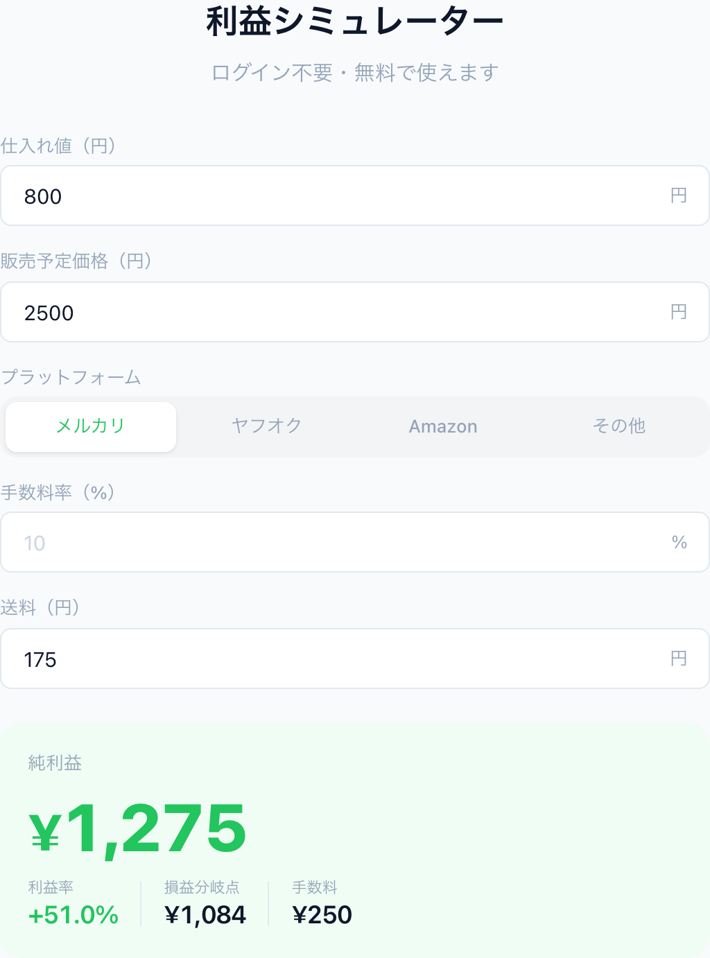 実演スクショ-3: SEDORIXシミュレーターの入力画面——仕入れ値・販売価格・プラットフォーム・送料を入力中